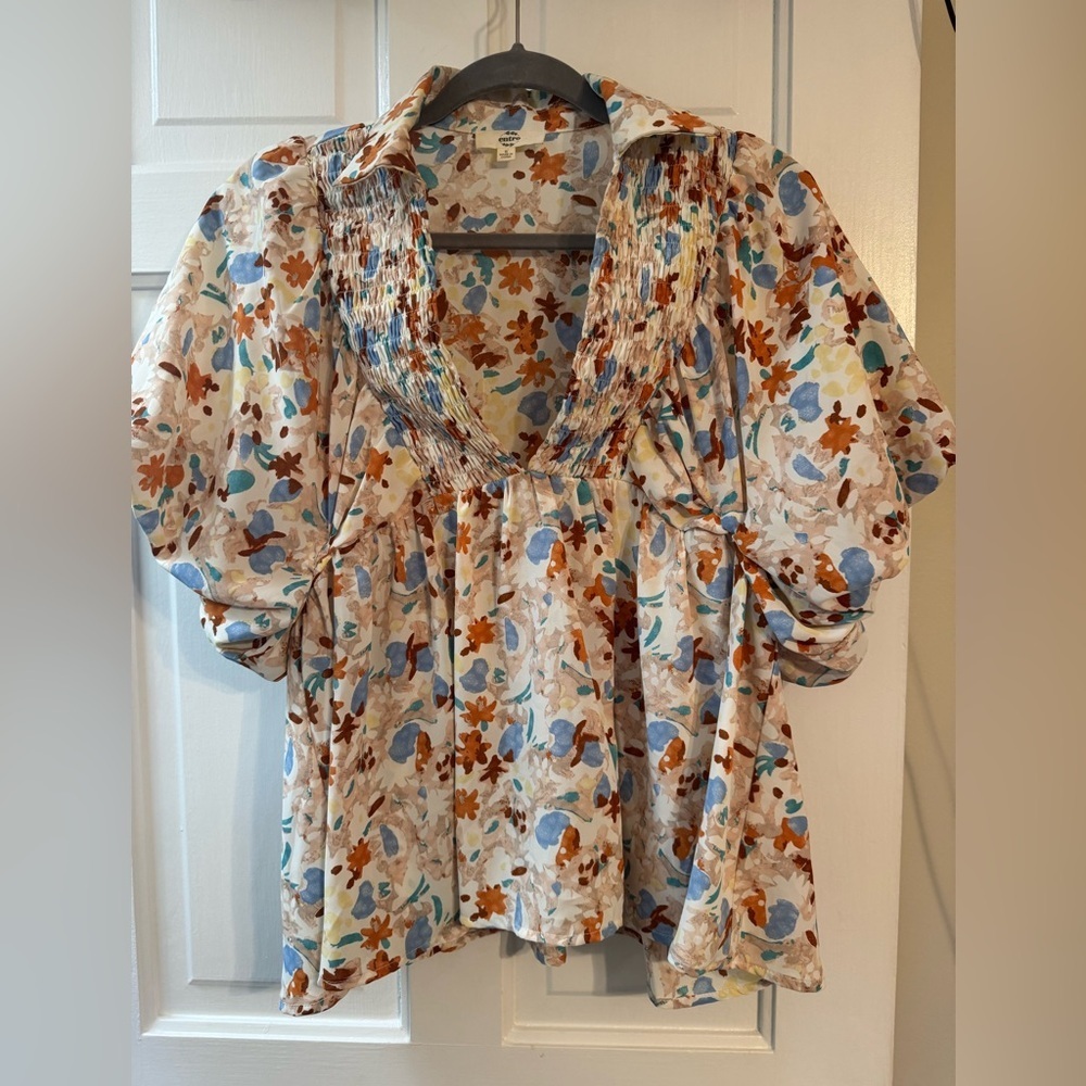 Entro Floral Puff Sleeve Blouse Size S | Lined Boutique Top - Picture 2 of 9